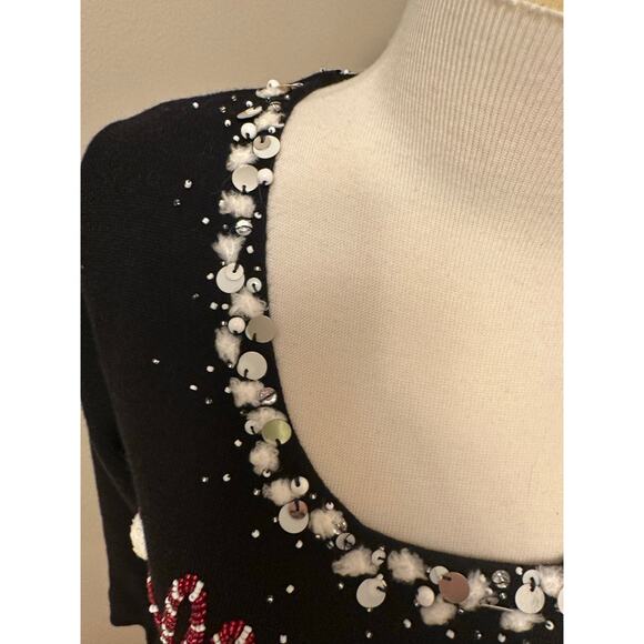 Berek Scoop Neck Beaded Sequin Embroidered Jolly Santa Christmas Sweater Sz Med - Picture 4 of 8